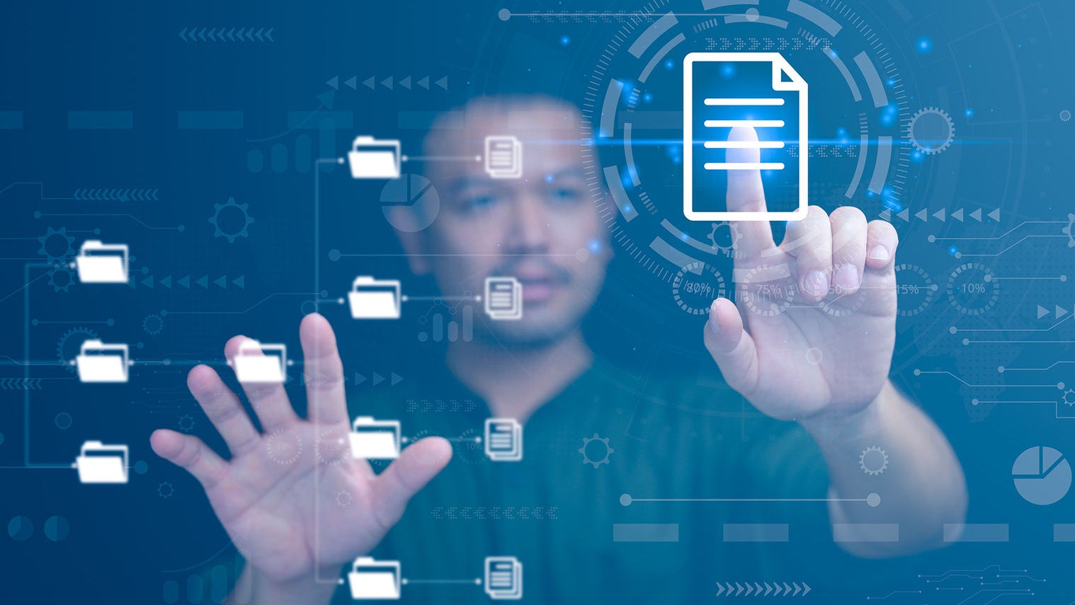 Document Management System (DMS), online documentation database and process automation to efficiently manage files, knowledge and documentation in enterprise with ERP. Corporate business technology.